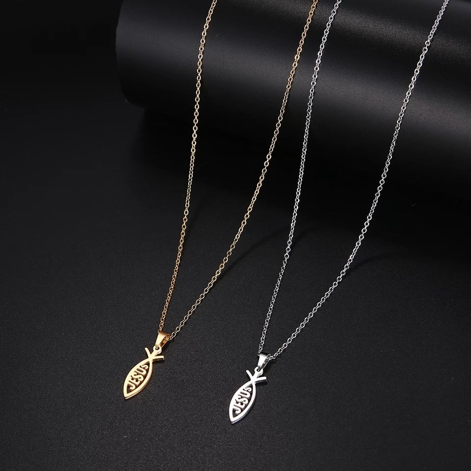 COLLAR SIMBOLO CRISTIANO PEZ CON LA PALABRA JESUS EN ACERO INOXIDABLE 316L