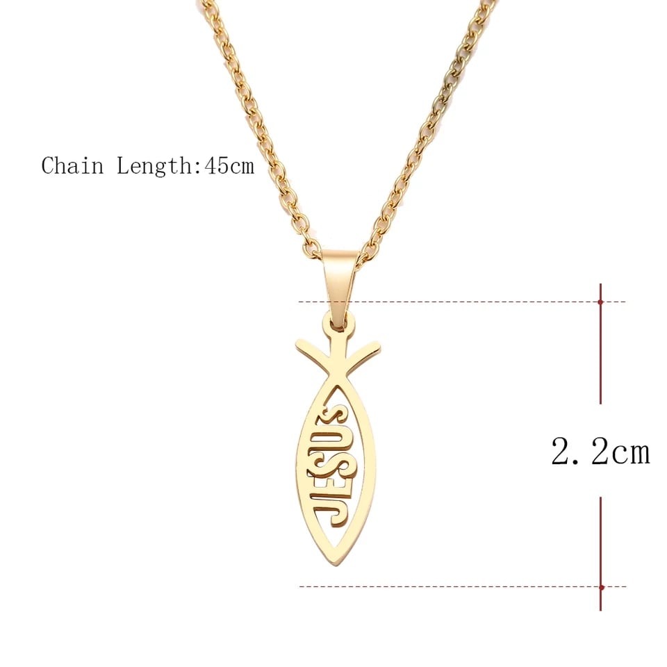 COLLAR SIMBOLO CRISTIANO PEZ CON LA PALABRA JESUS EN ACERO INOXIDABLE 316L - Imagen 2